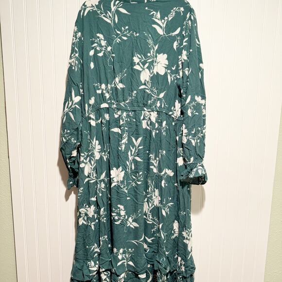 Ava Viv Green Floral Ruffled Tiered Maxi Dress Long Sleeves High Neck 1X - Picture 9 of 9